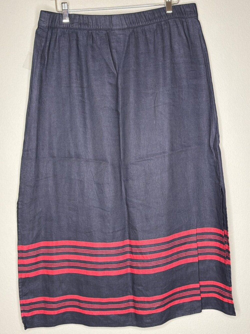J. Jill Linen Blend Elastic Waist Lightweight Pull-On Midi Skirt Side Slits Larg - Picture 2 of 8